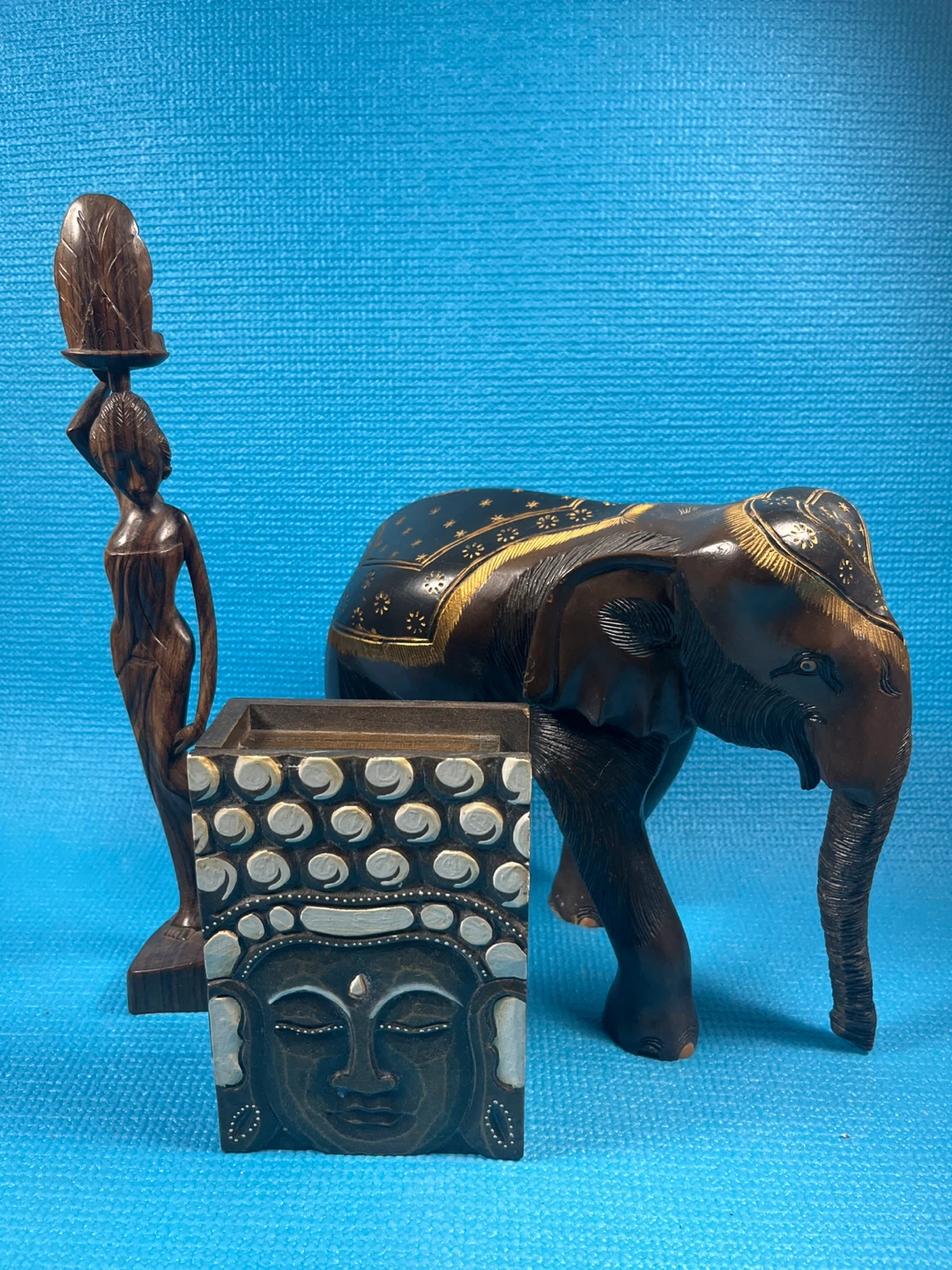 Hand-Carved Wooden Decor Set – Elephant, Buddha & Statue