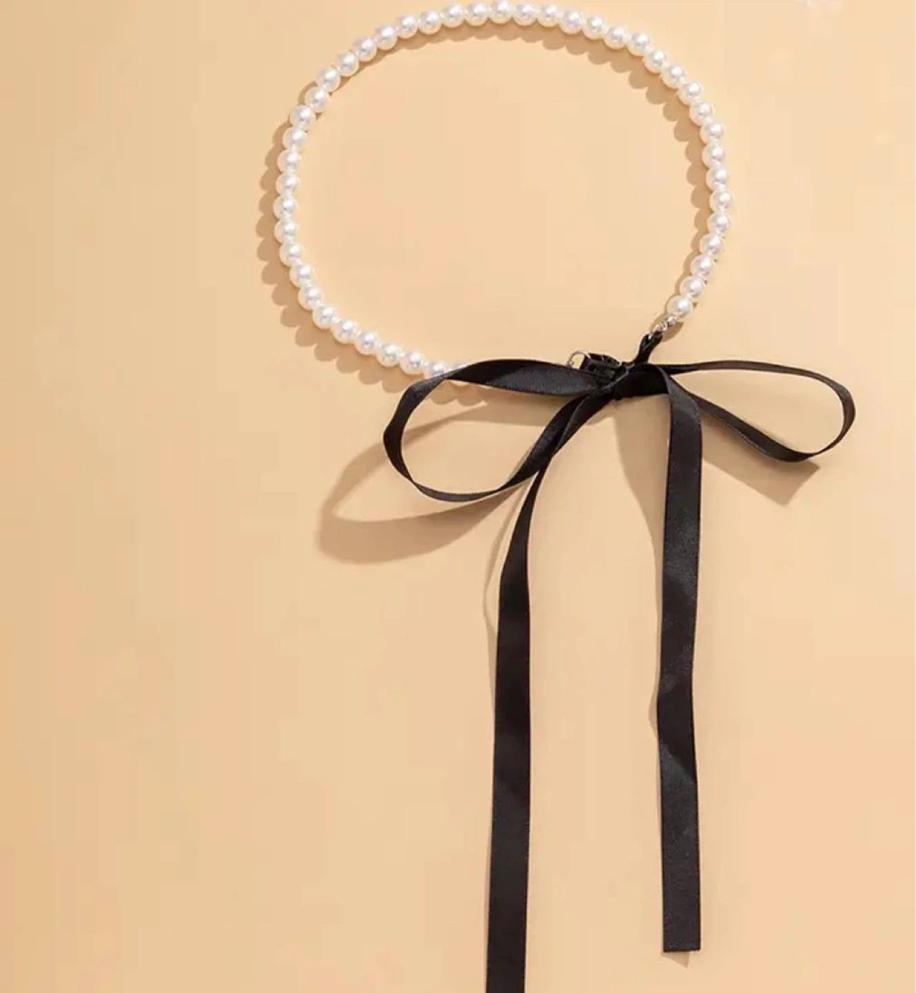 Pearl Choker Necklace with Black Ribbon Tie - photo 2