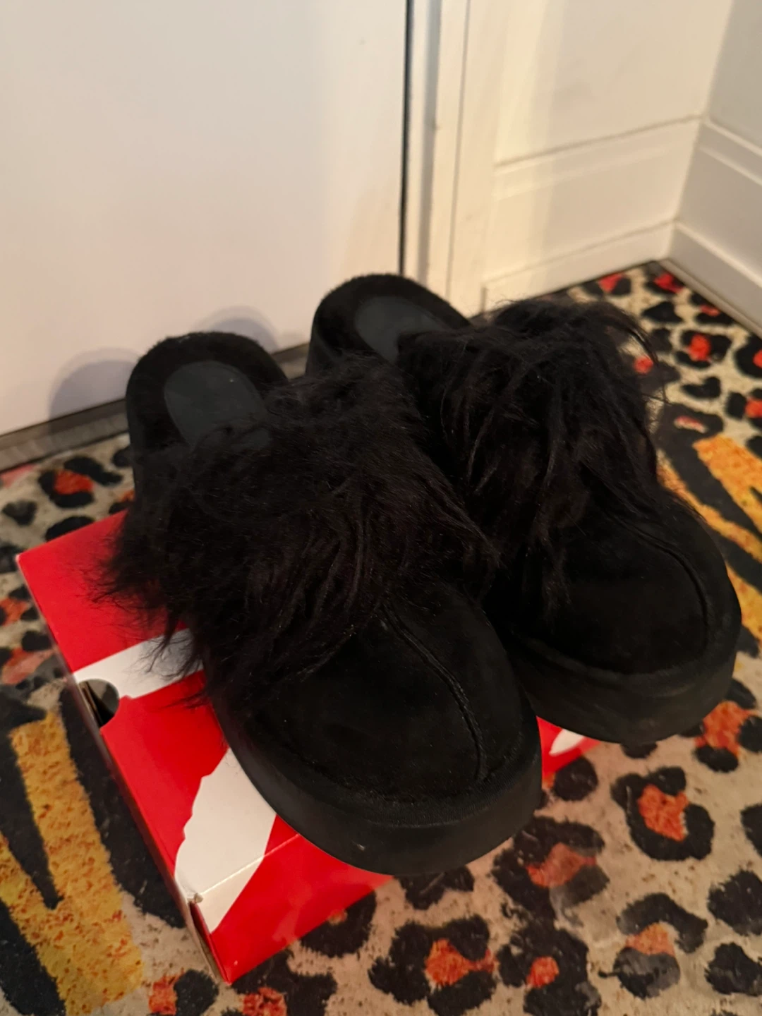 Black Fuzzy Platform Mules Size 7