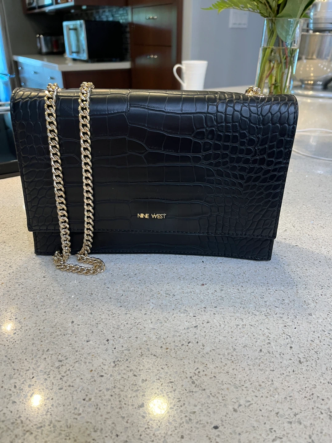 Nine West Black Croc Embossed Chain Shoulder Bag