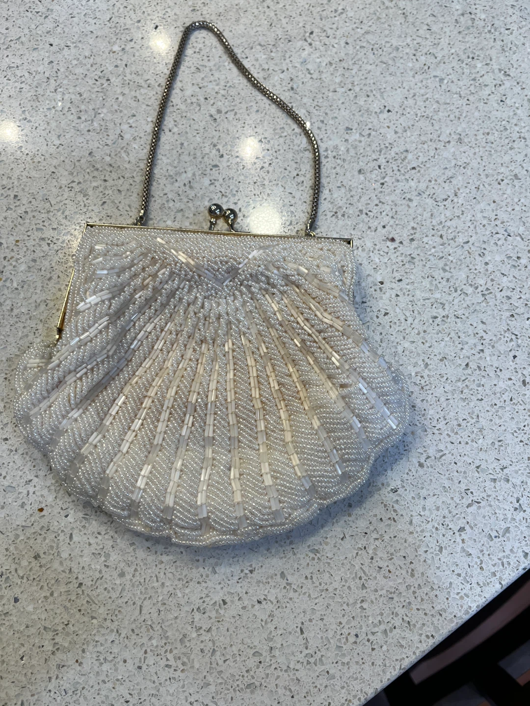 White Beaded Seashell Evening Clutch Purse