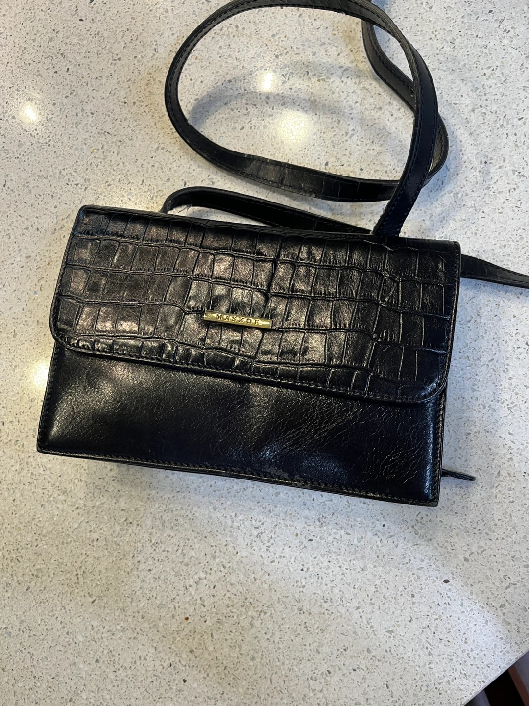 Black MASKOF Crocodile-Embossed Wallet/Clutch with Strap