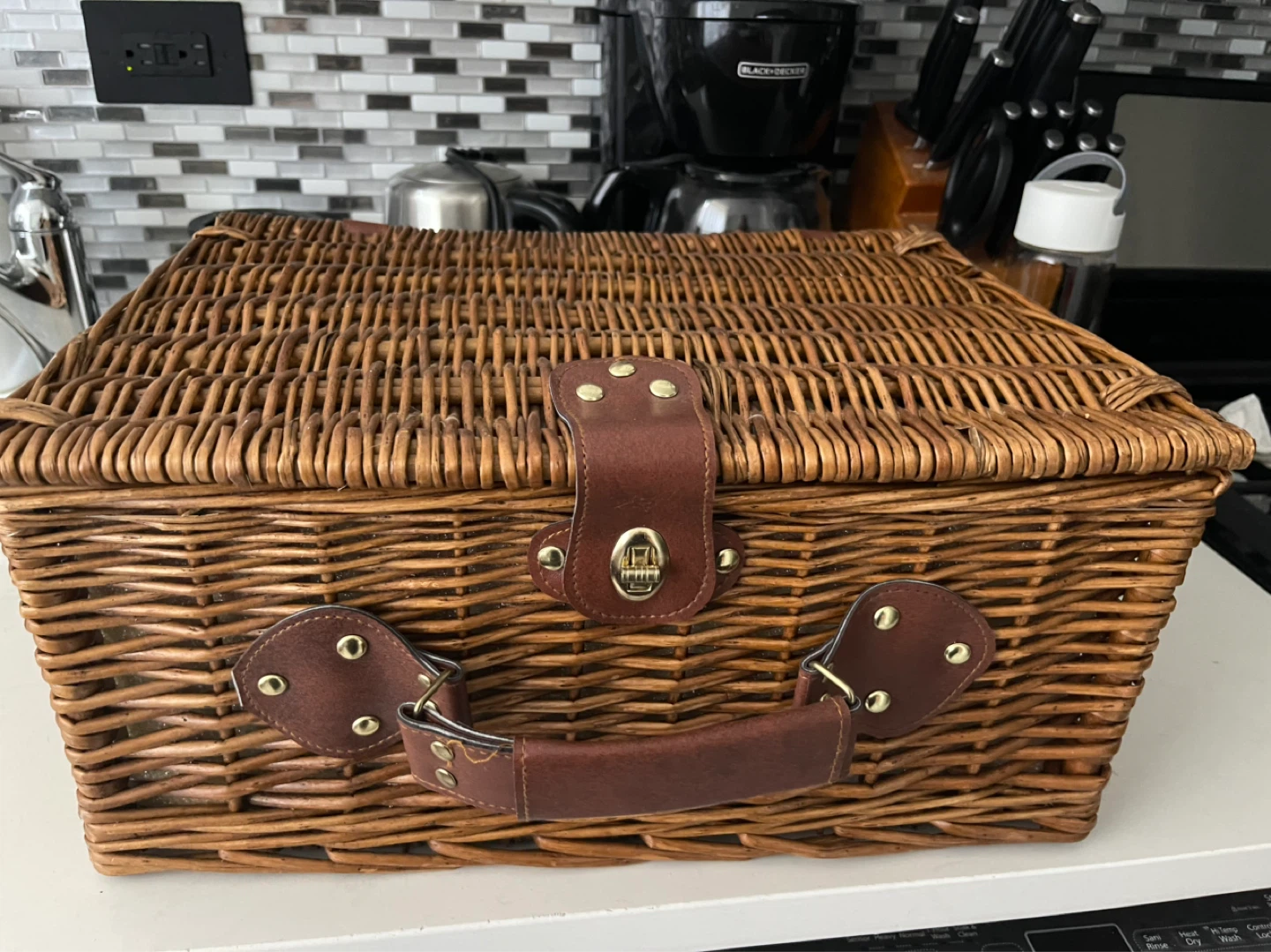 Wicker Picnic Basket with Red and White Striped Lining