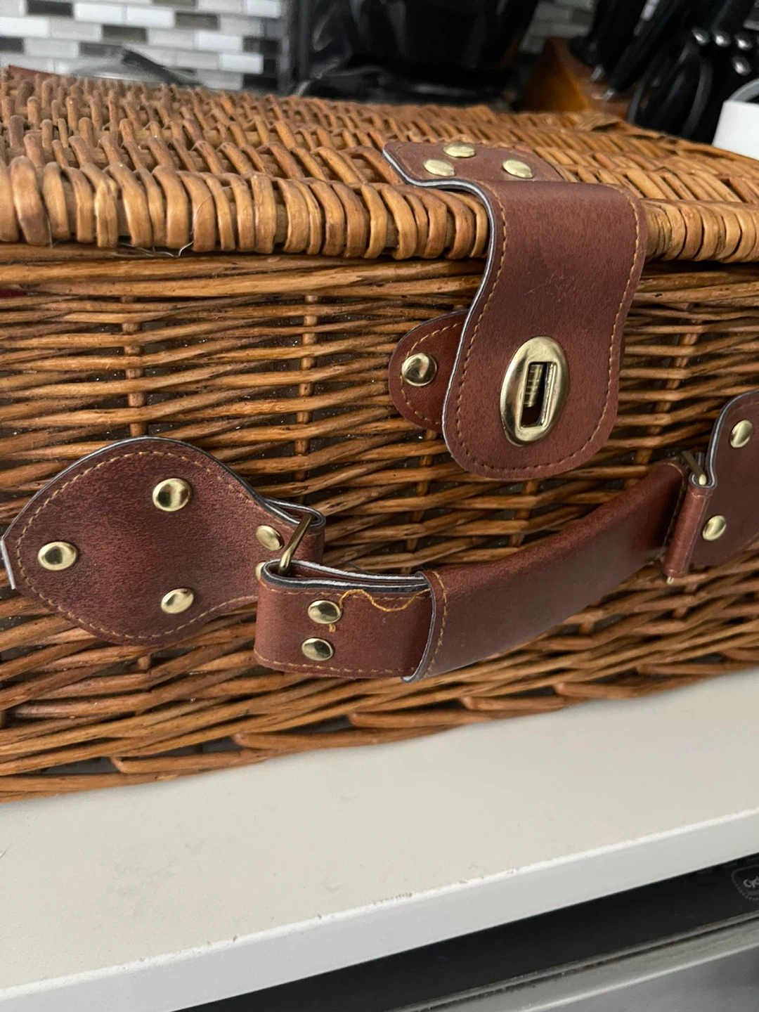 Wicker Picnic Basket with Red and White Striped Lining - photo 2