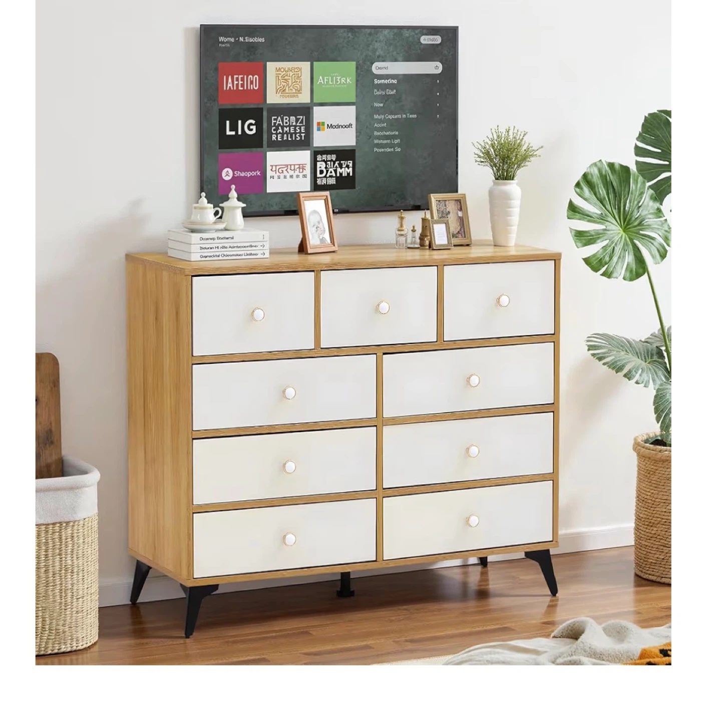 9 Drawer Dresser 100cm Wide - Wood & White