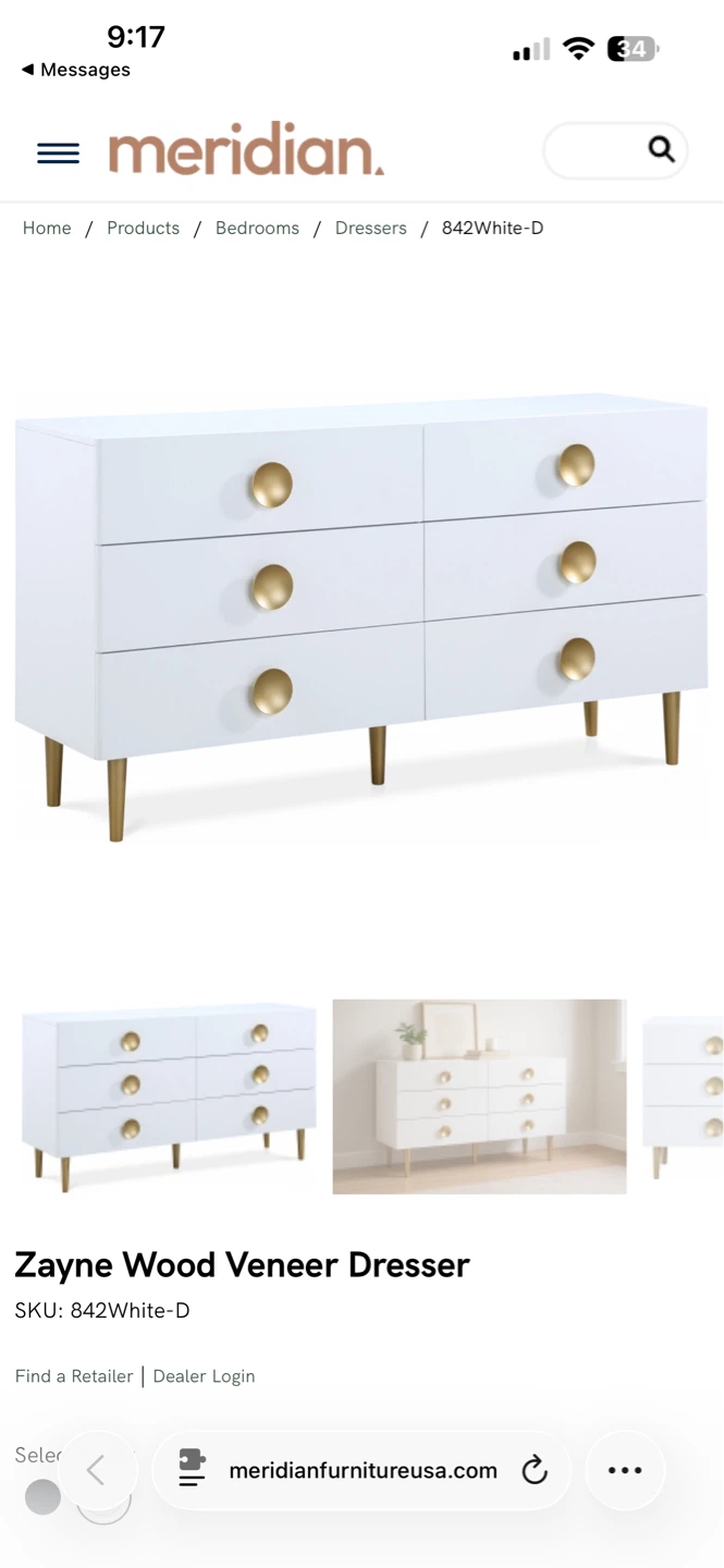 Meridian Zayne Wood Veneer Dresser - White - photo 3