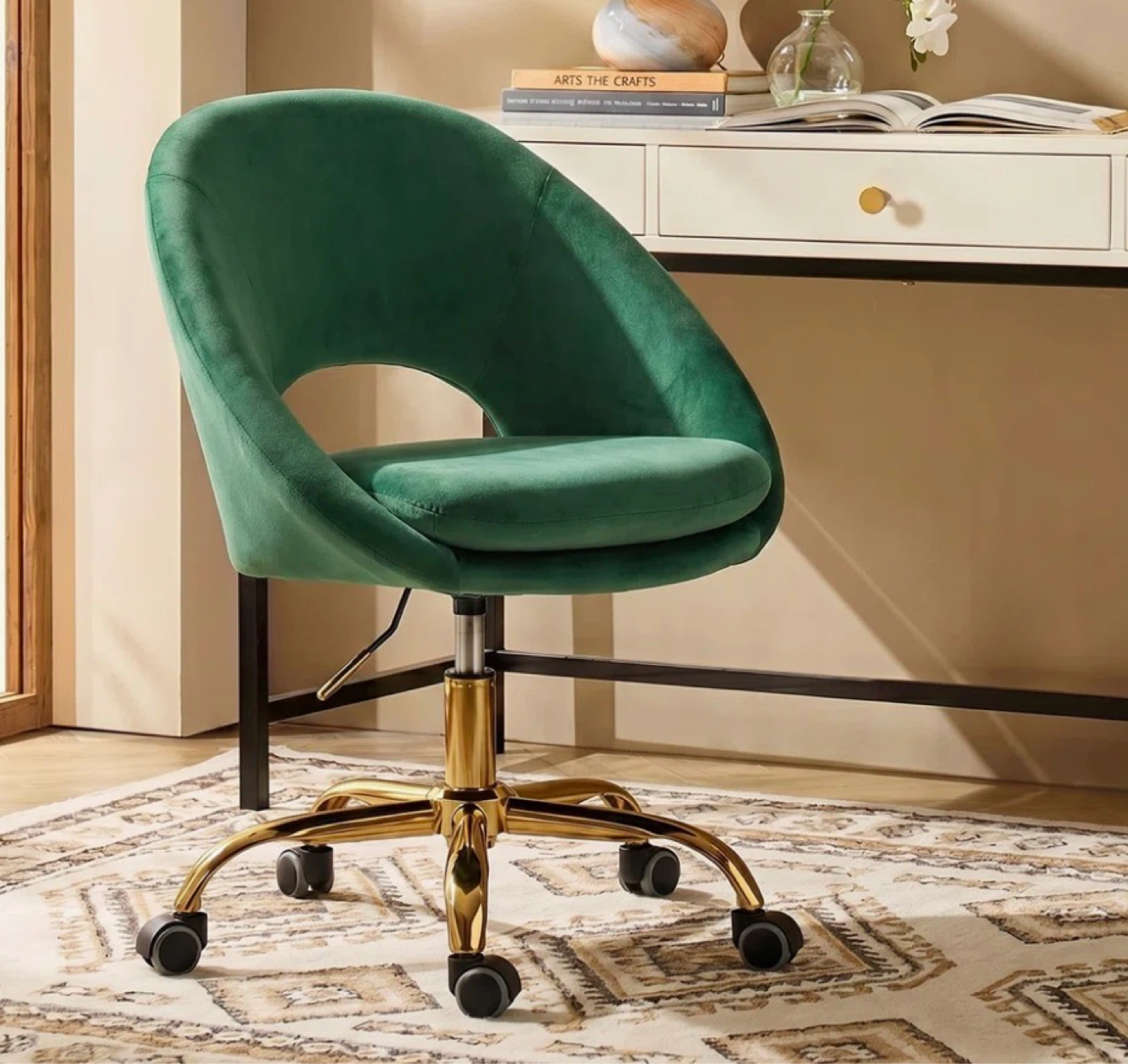 Emerald Green Velvet Swivel Office Chair with Gold Base