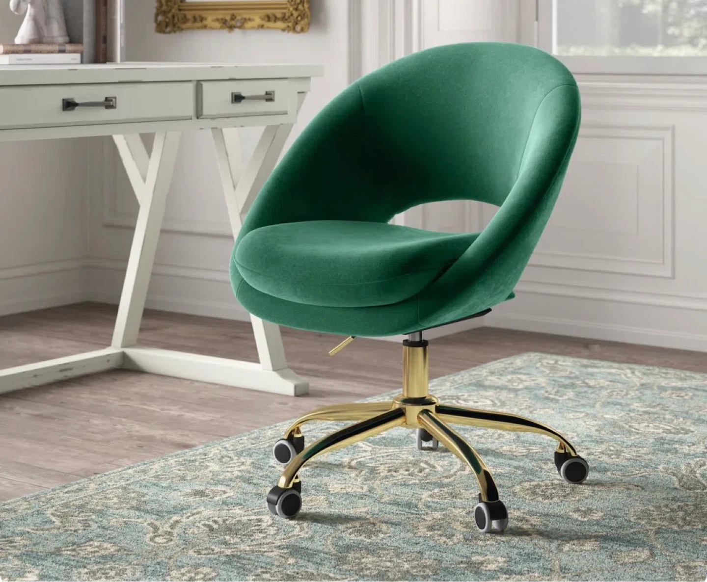 Emerald Green Velvet Swivel Office Chair with Gold Base - photo 2