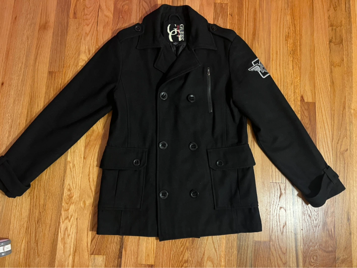 Guess Black Double-Breasted Peacoat Jacket L/G