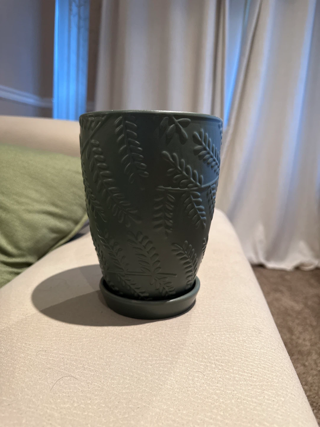 Sage Green Embossed Leaf Planter with Saucer