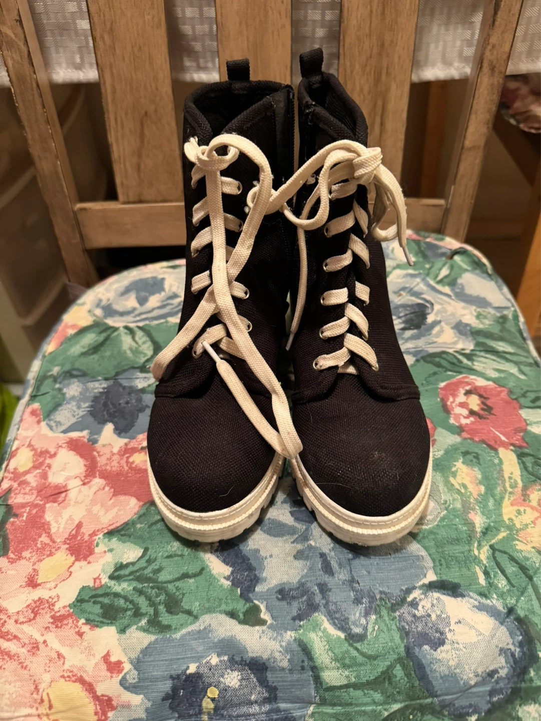 Women’s Black Ankle Boots with White Laces, Size 6