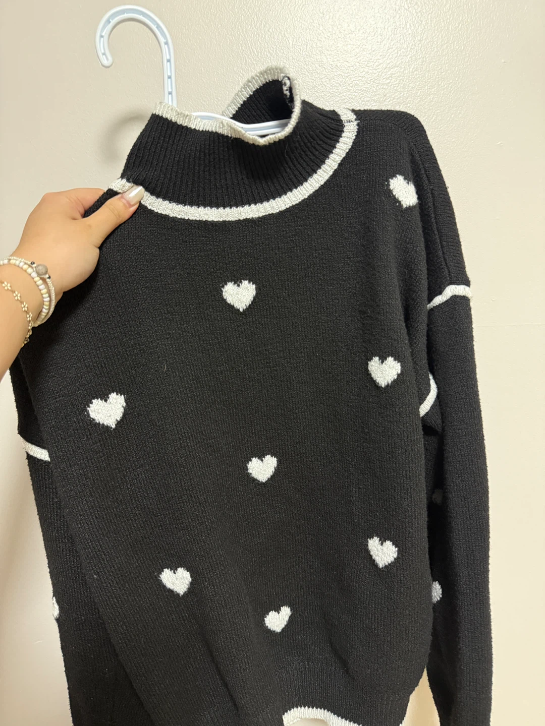 Black & White Heart Pattern Mock Neck Sweater