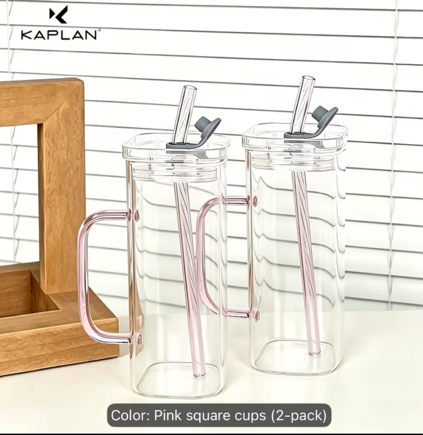 Kaplan Pink Glass Water Cups with Lids and Straws - 400ml