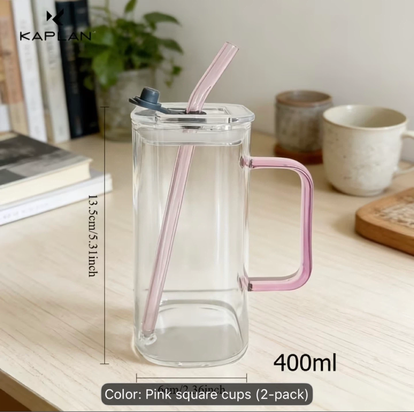 Kaplan Pink Glass Water Cups with Lids and Straws - 400ml - photo 3