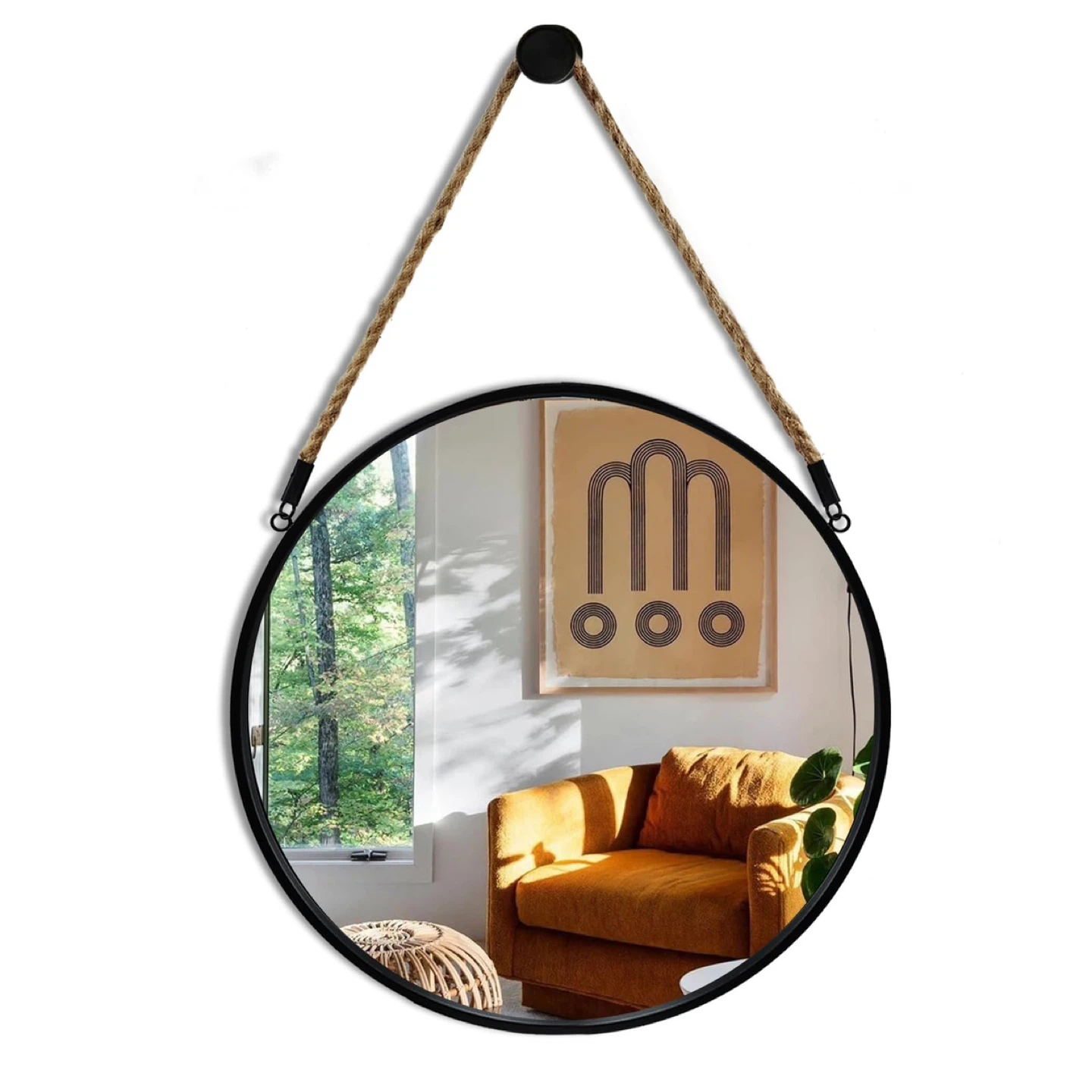 POZINO Round Mirror, 15" Rope Hanging Mirror