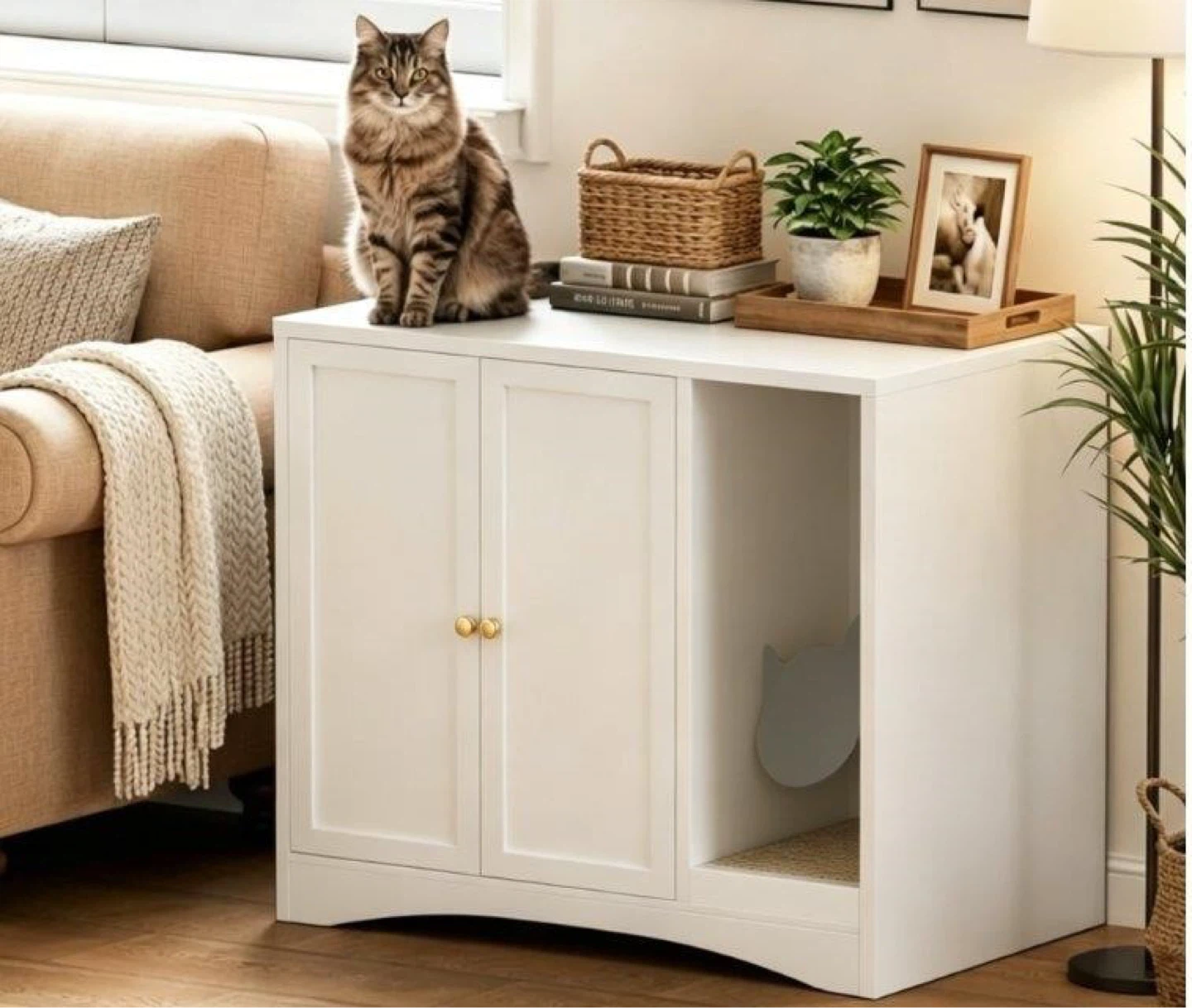 AUN Cat Litter Box Enclosure Hidden Cabinet-White
