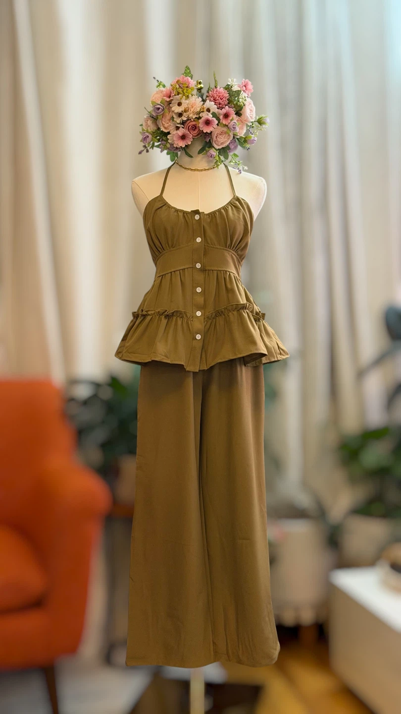 Women's Halter Neck Peplum Top and Wide Leg Pants Set