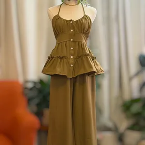 Women's Halter Neck Peplum Top and Wide Leg Pants Set