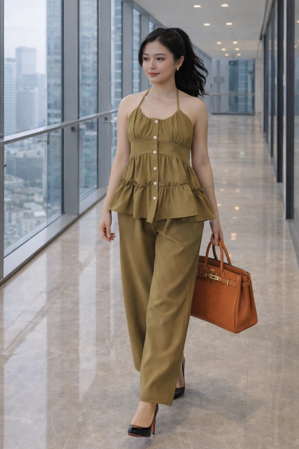 Women's Halter Neck Peplum Top and Wide Leg Pants Set - photo 3