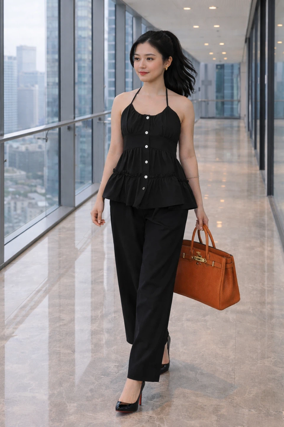 Women's Halter Neck Peplum Top and Wide Leg Pants Set - photo 4