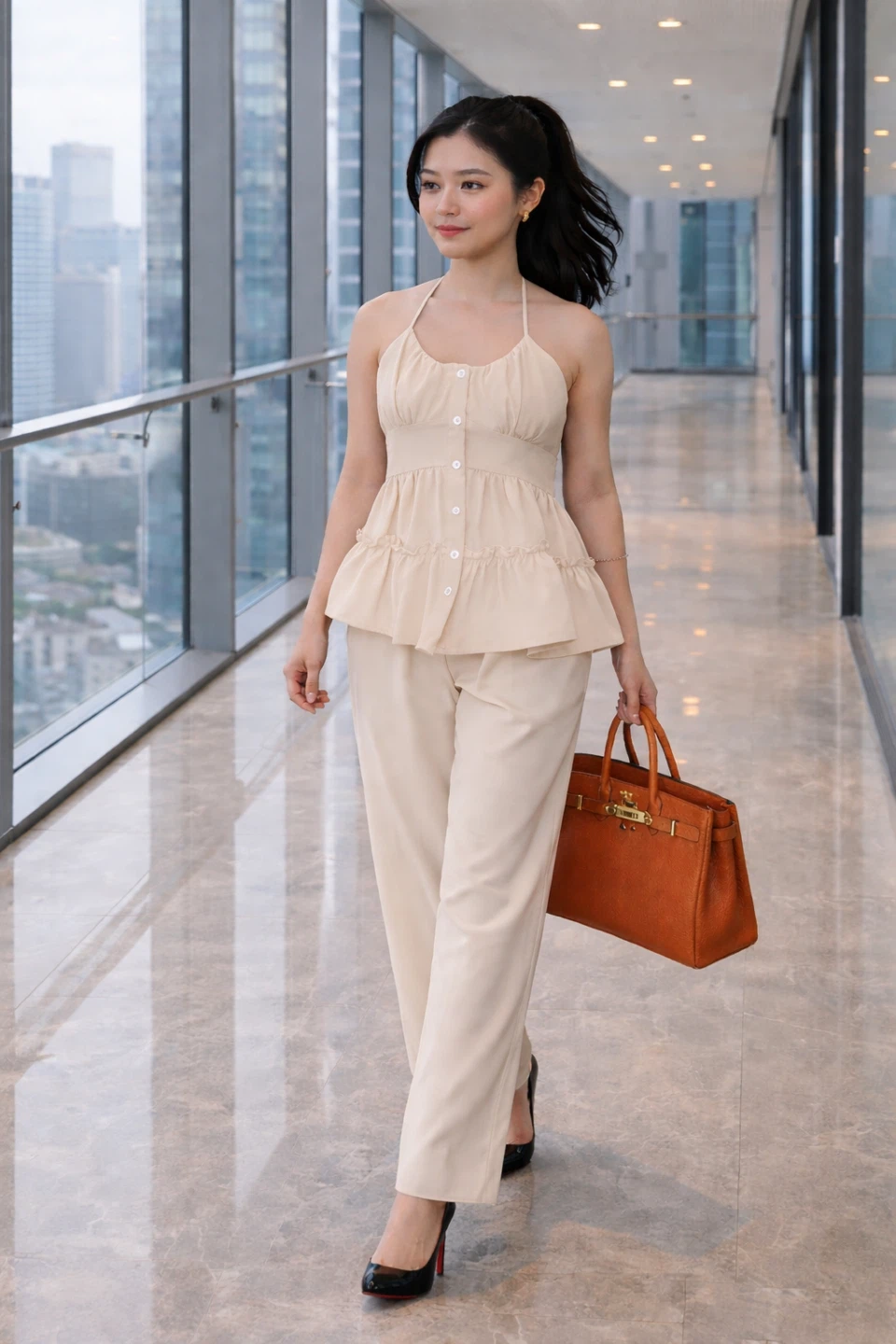 Women's Halter Neck Peplum Top and Wide Leg Pants Set - photo 5