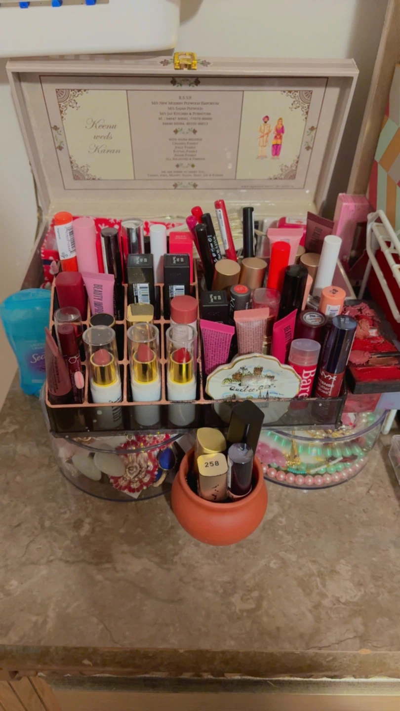Makeup Organizer Box with Assorted Lipsticks and Cosmetics