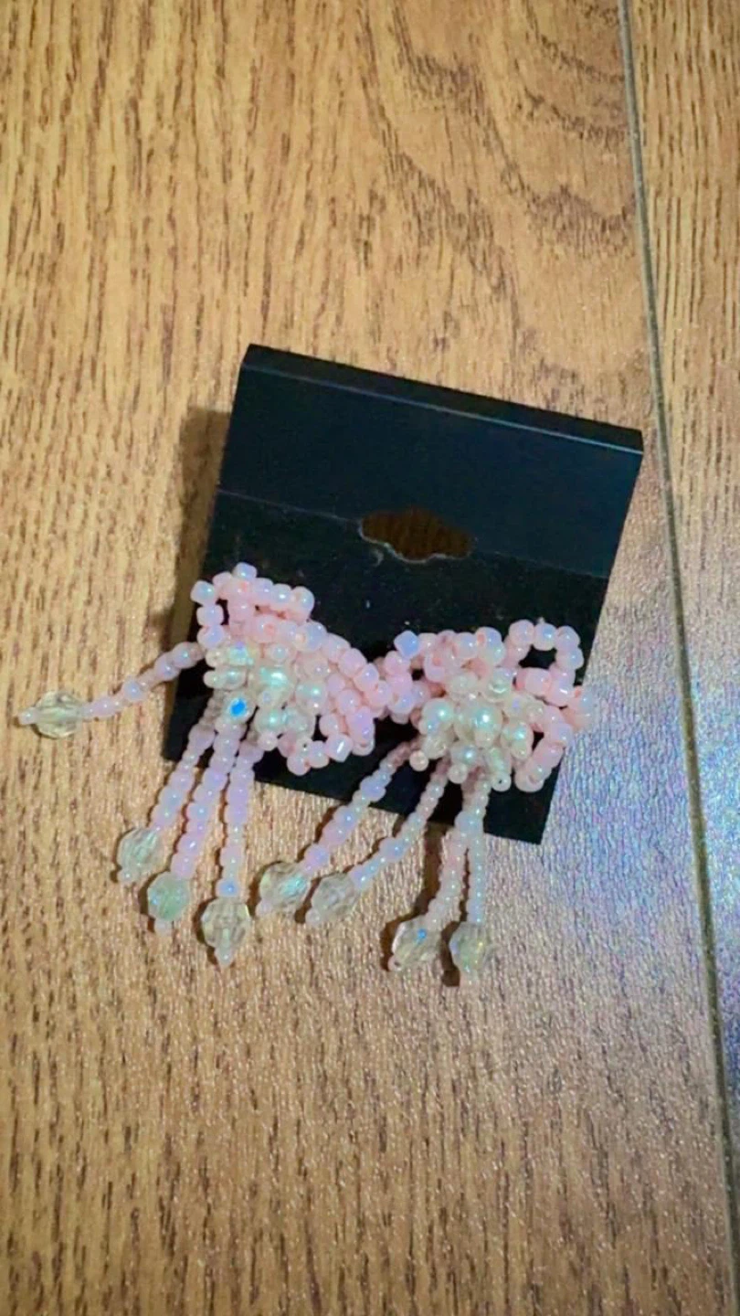 Pink Beaded Bow Drop Earrings