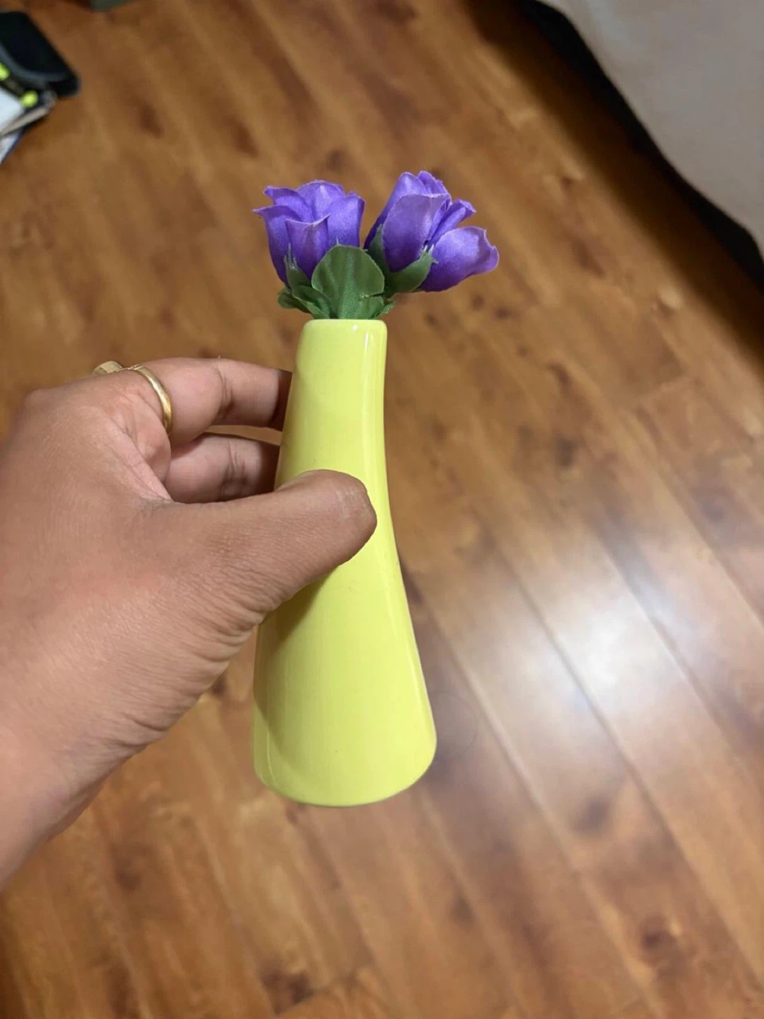Yellow Ceramic Vase with Purple Flowers
