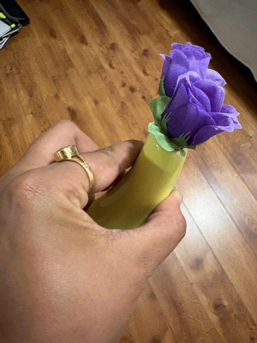 Yellow Ceramic Vase with Purple Flowers - photo 2