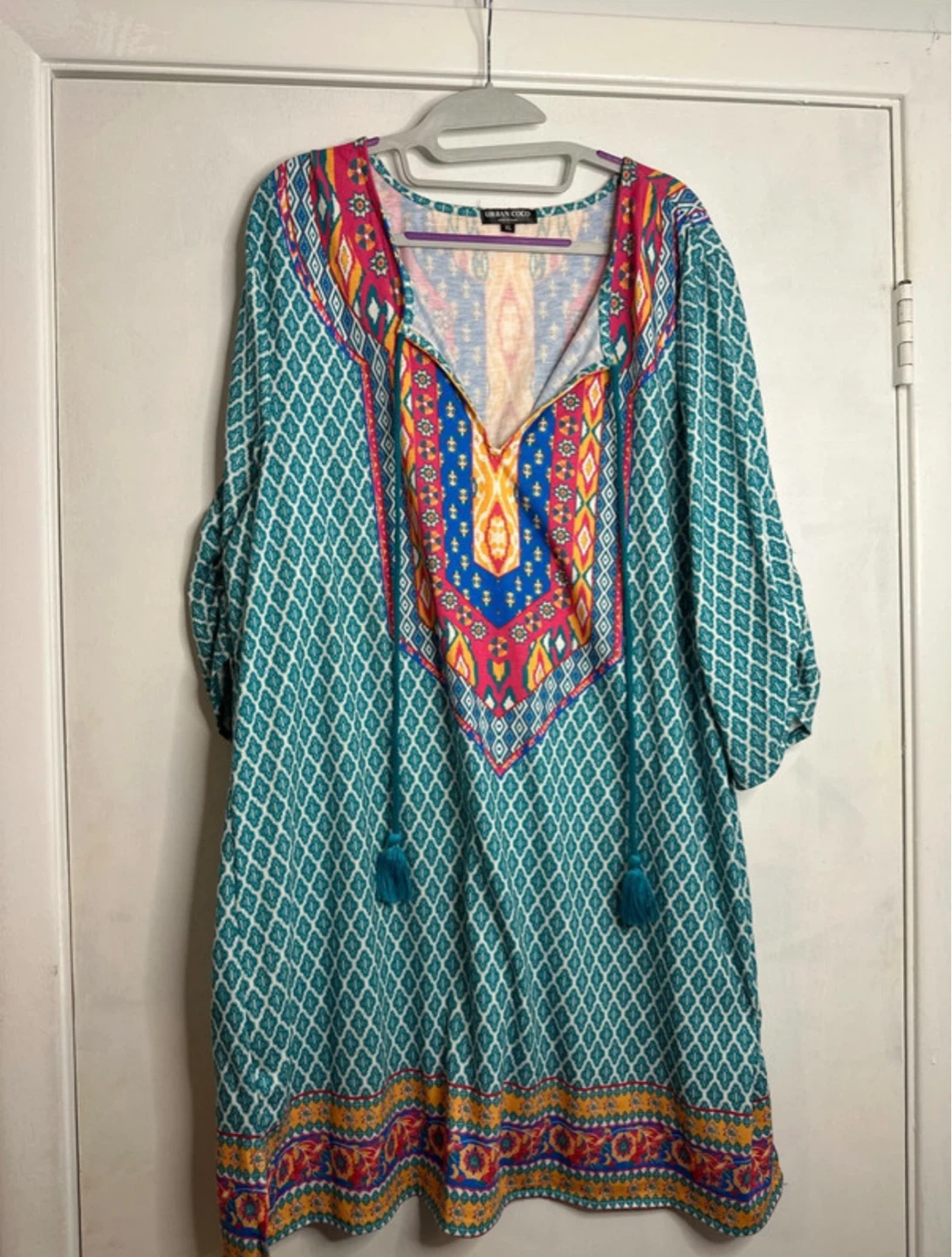 Turquoise Boho Print Tunic Dress with Tassels