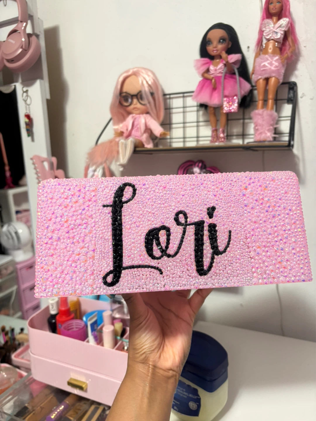 Sparkly Pink Rhinestone Tissue Box Cover - Choose Name