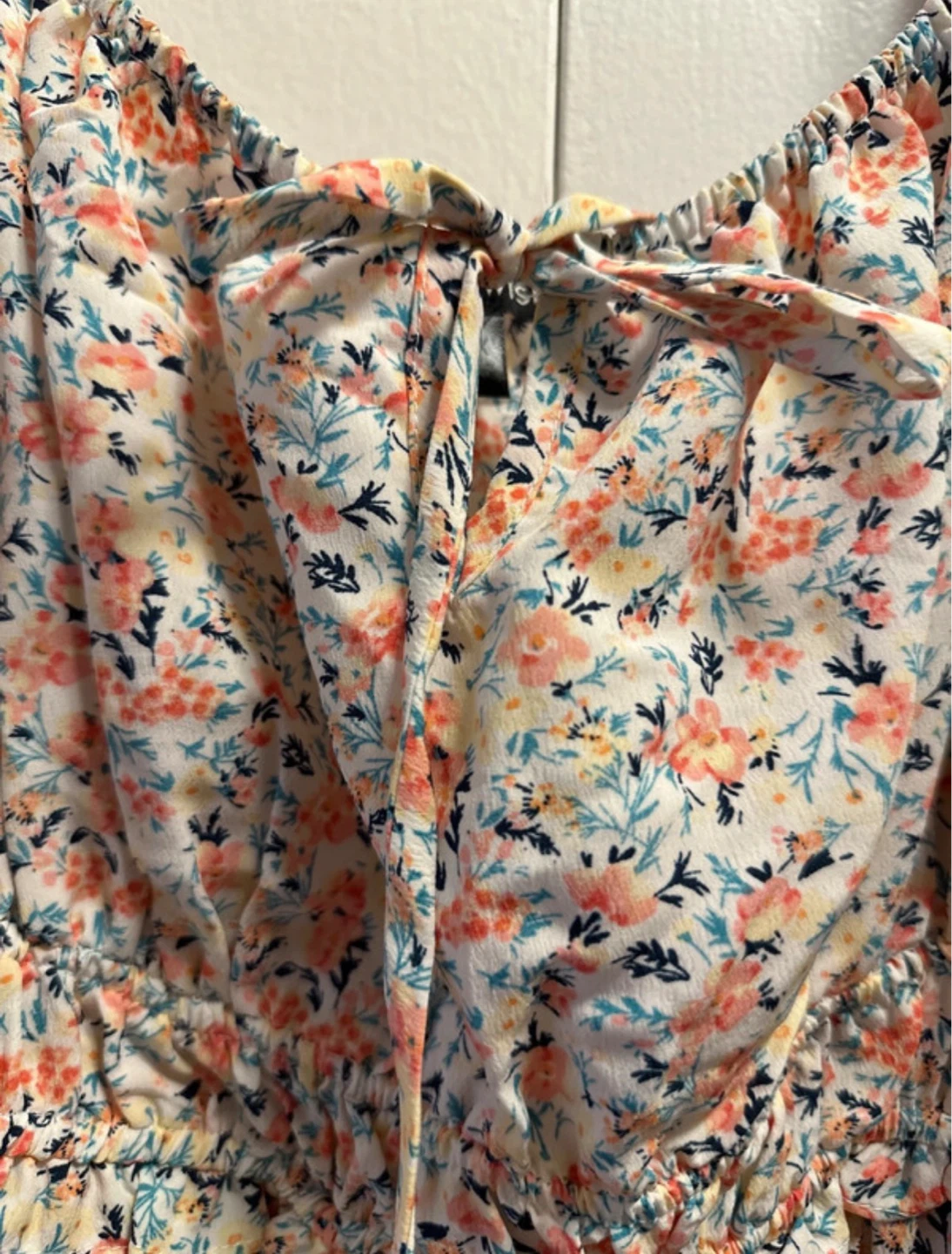White Floral Print Mini Dress with Puff Sleeves - photo 2