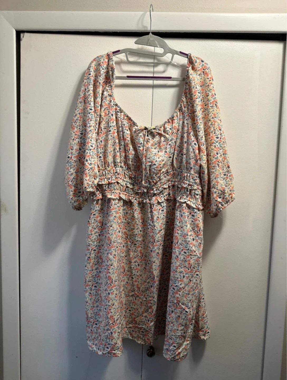 White Floral Print Mini Dress with Puff Sleeves