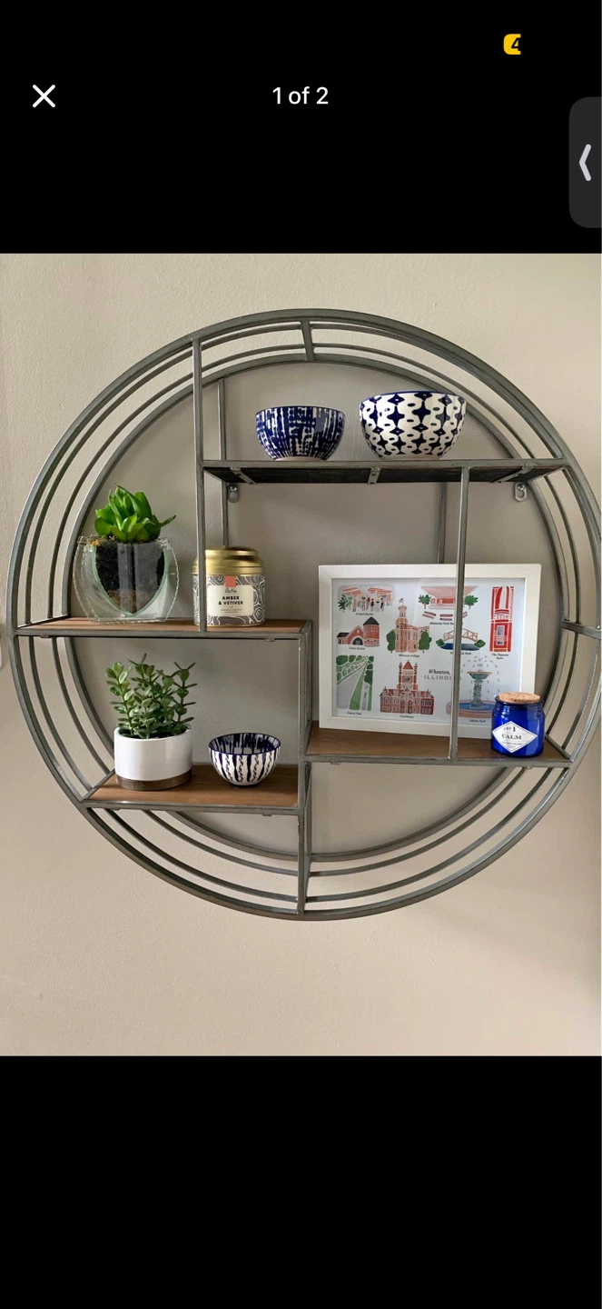 Vintage Round Metal Wall Shelf with Wood Shelves