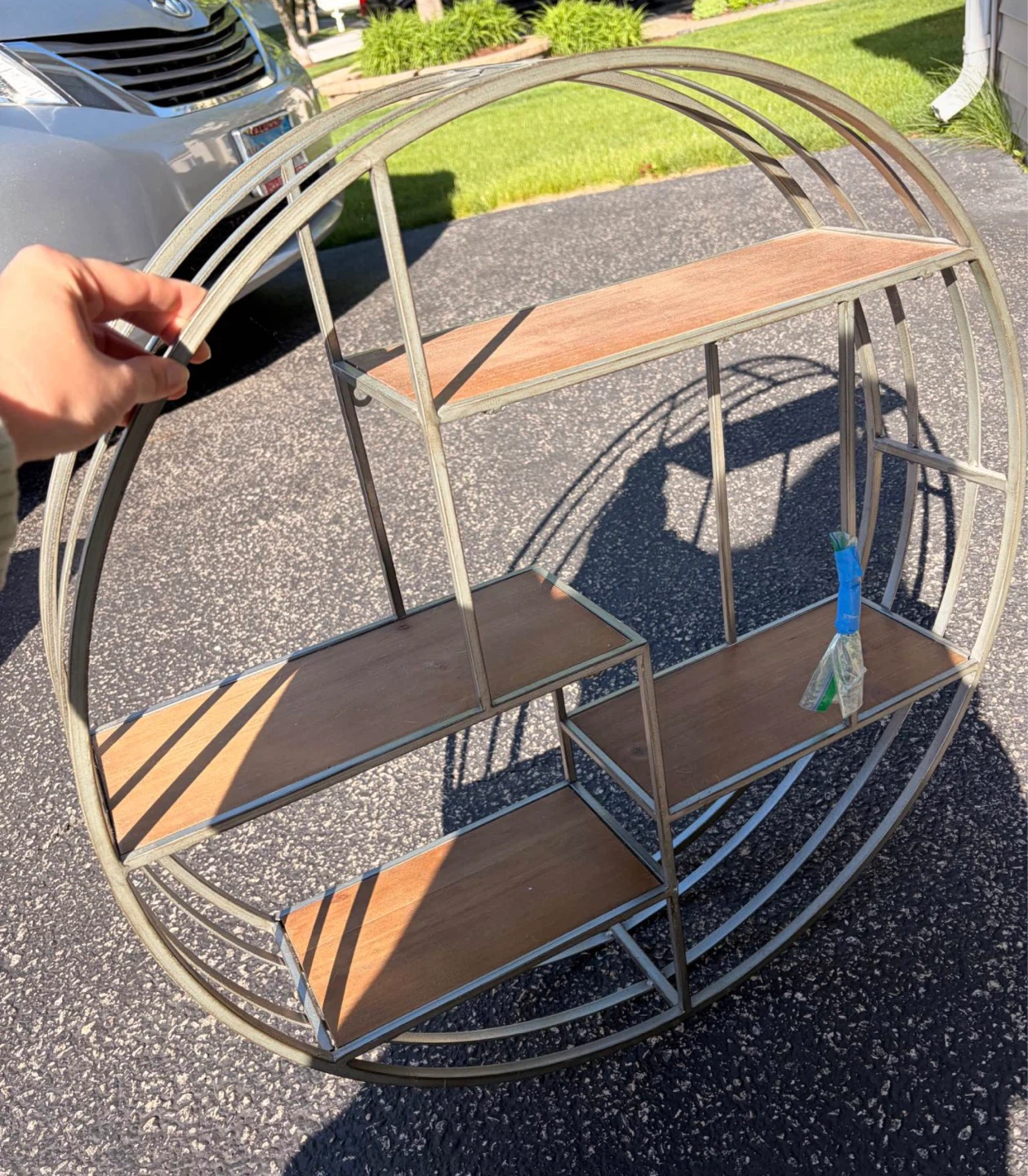 Vintage Round Metal Wall Shelf with Wood Shelves - photo 2