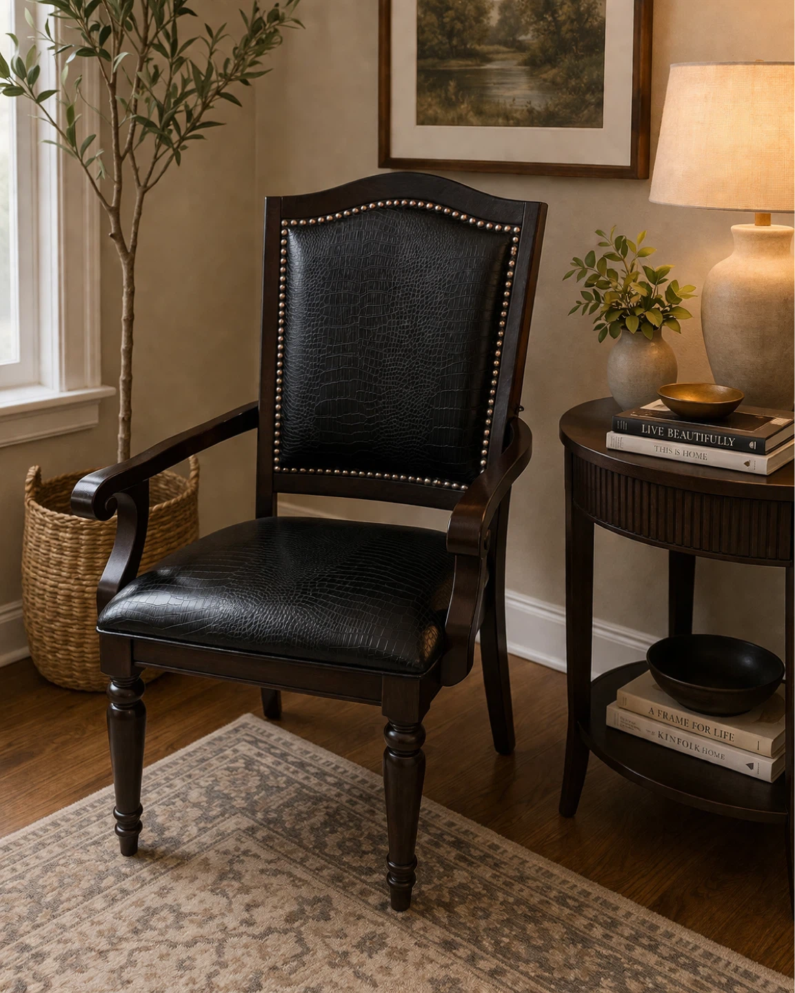 Black Armchair with Crocodile-Embossed Seat and Back