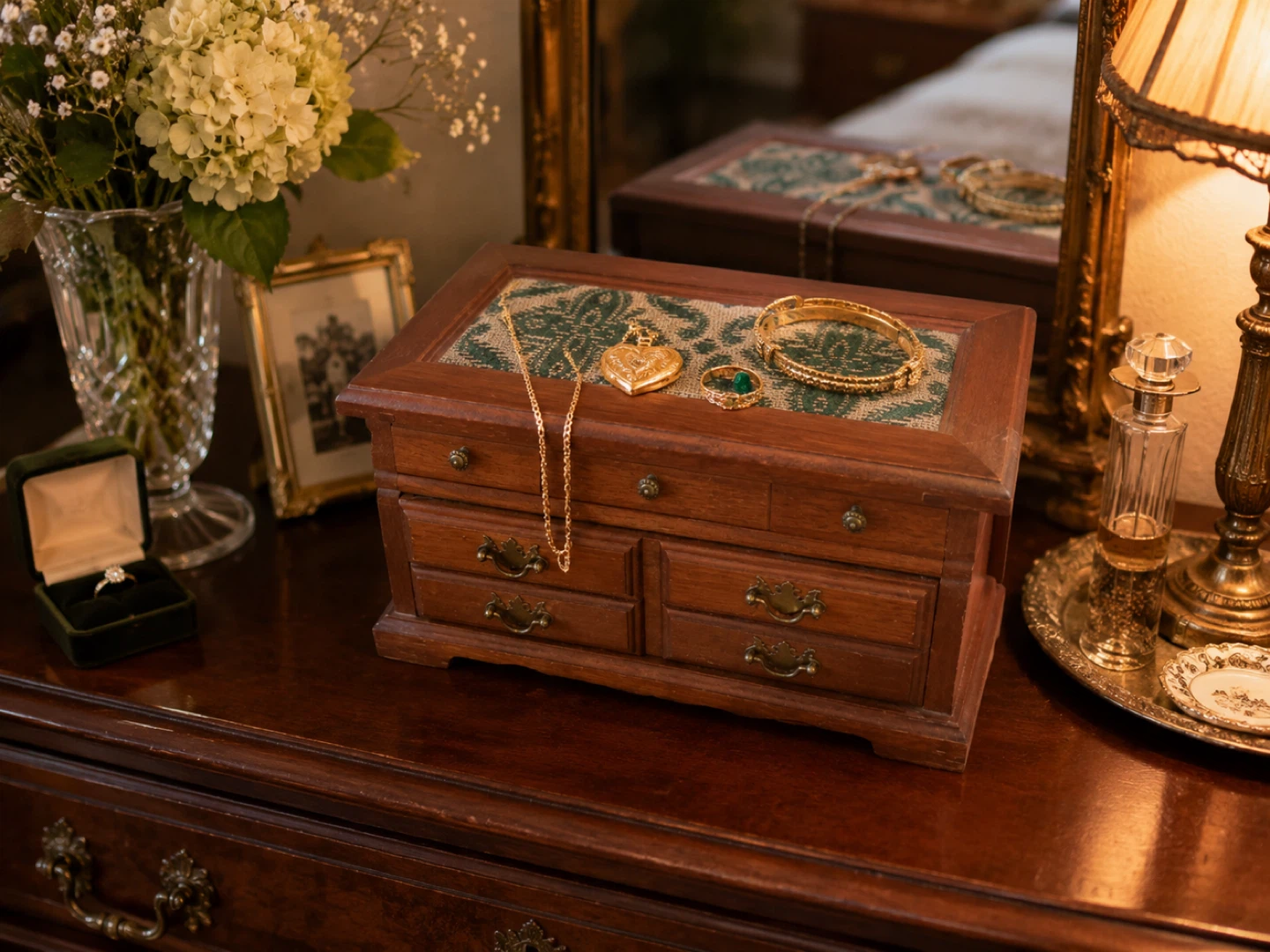 Vintage Wooden Jewelry Box with Drawers