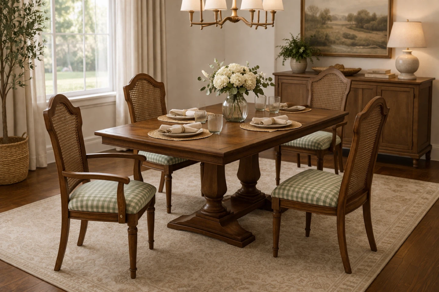 Set of 4 Vintage Cane Back Dining Chairs w/Gingham Upholstery