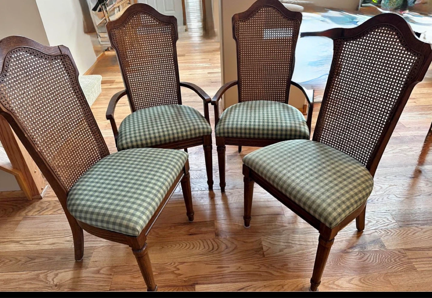 Set of 4 Vintage Cane Back Dining Chairs w/Gingham Upholstery - photo 2