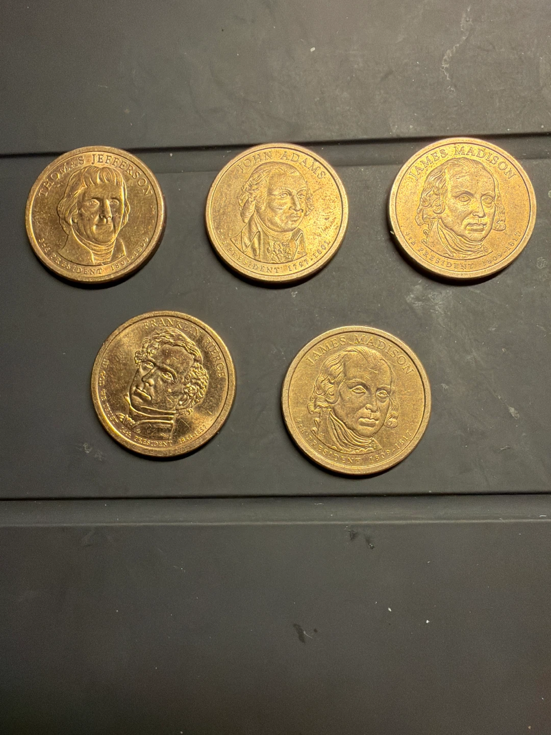 5 Presidential Dollar Coins - Jefferson, Adams, Madison