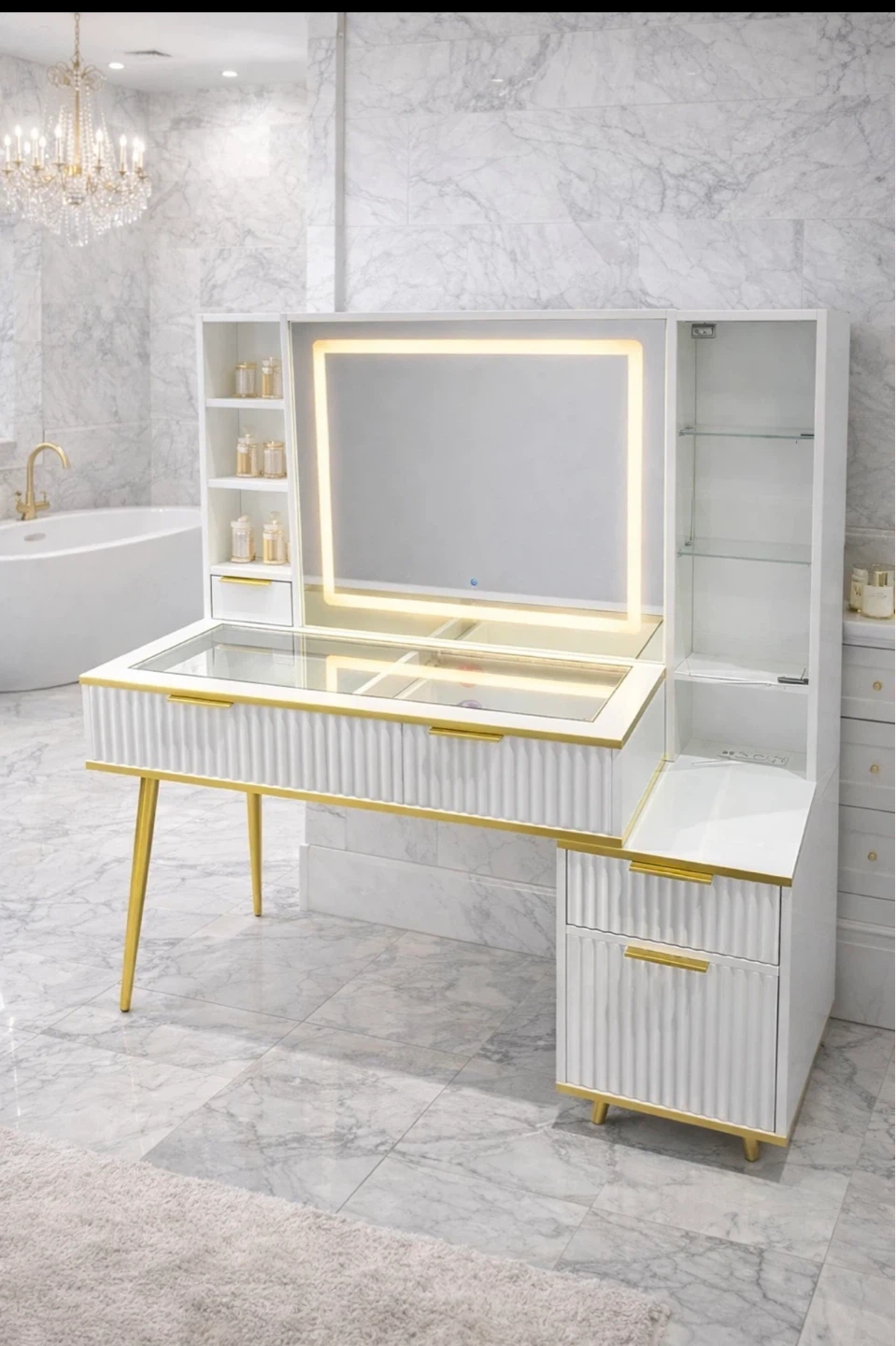 White Vanity Desk with LED Mirror and Storage