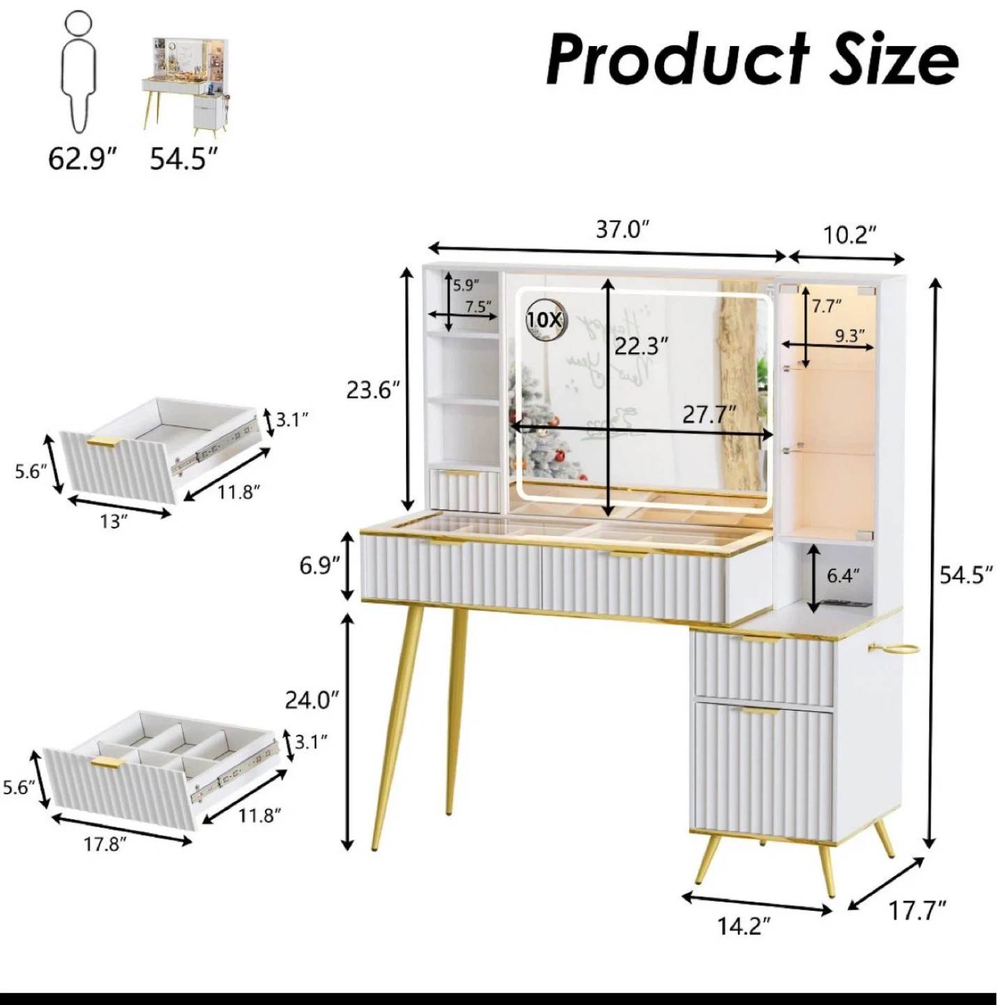White Vanity Desk with LED Mirror and Storage - photo 2