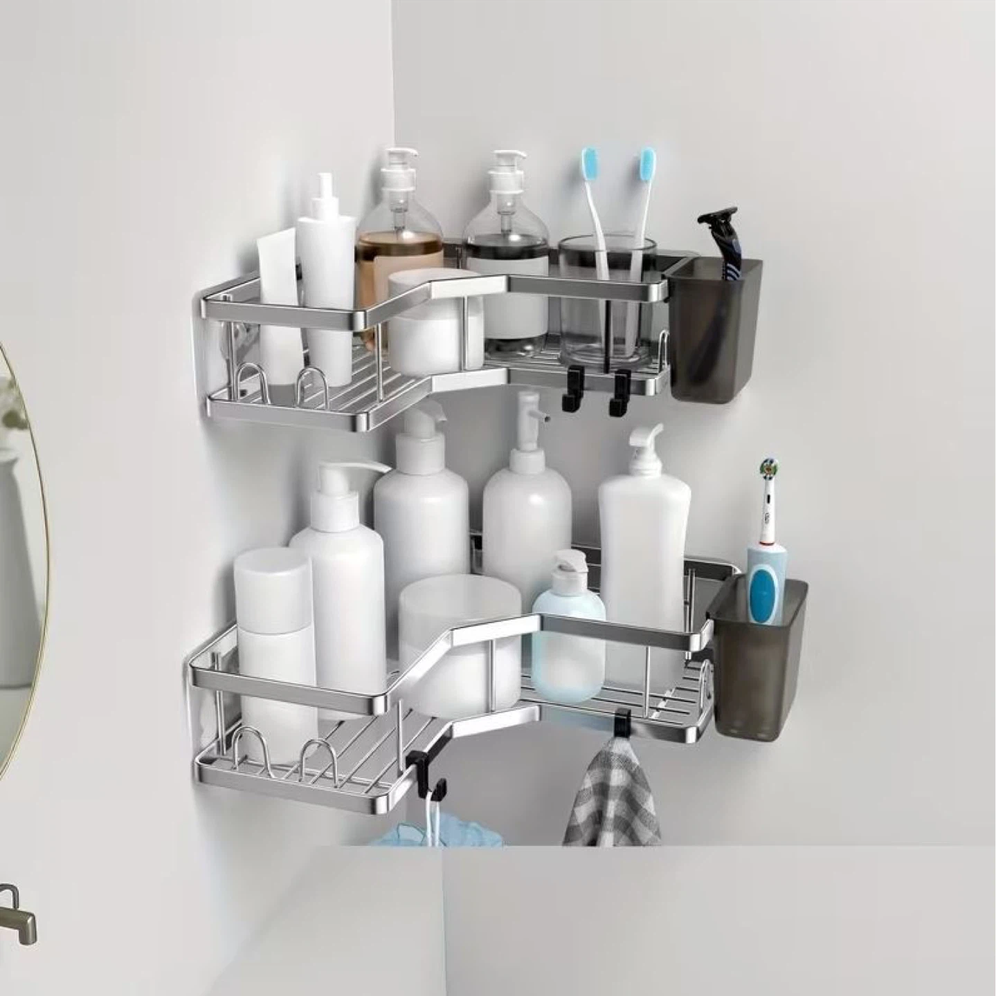 Silver Corner Shower Shelf Set with Hooks