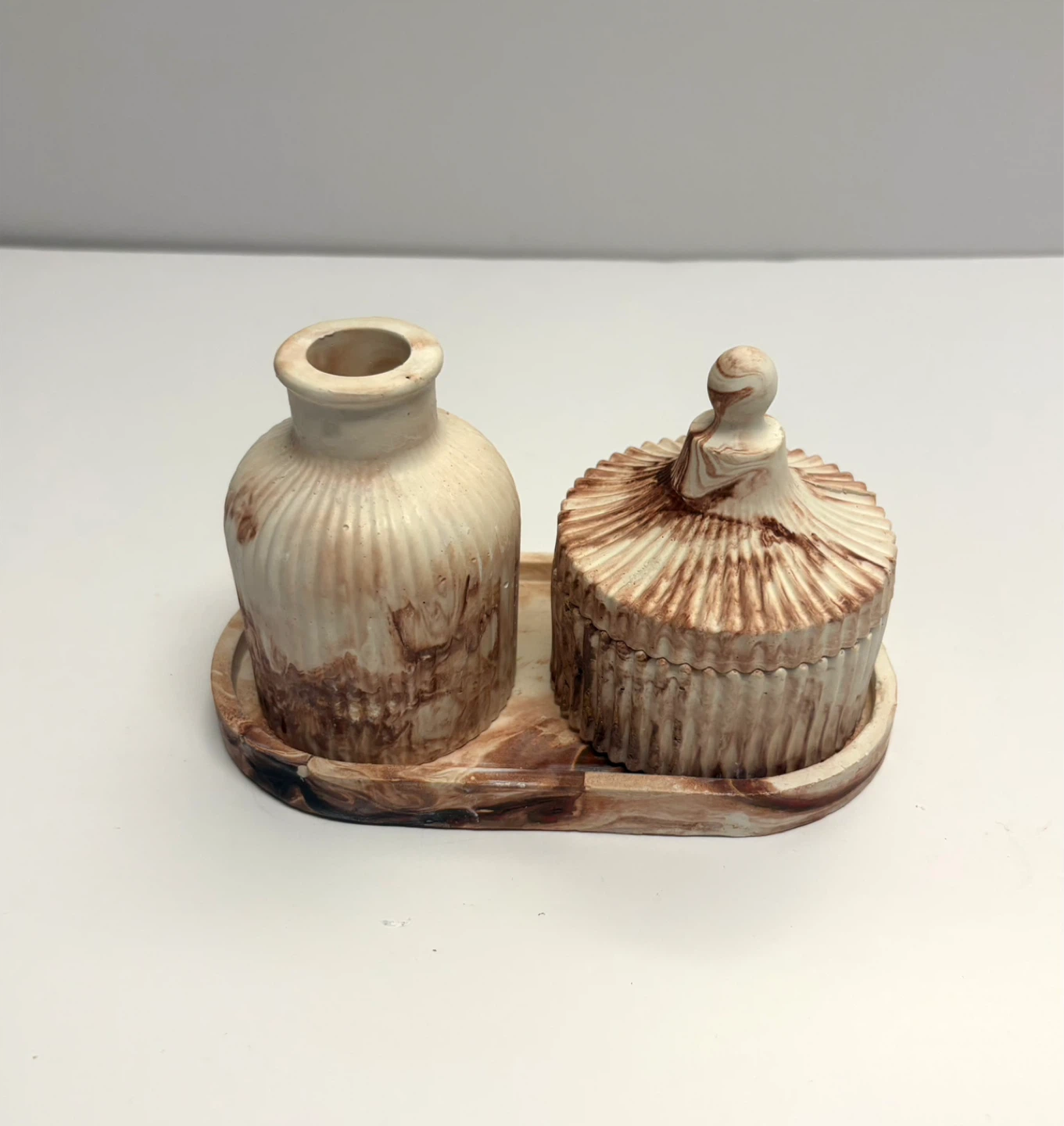 Handmade brown marble tray set with Trinket Box and Vase