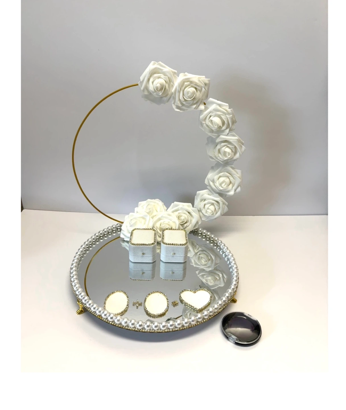 Round Mirror Tray with Faux Pearls & rhinestone Border.
