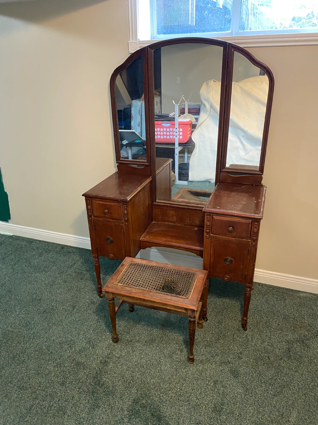 Antique Wooden Vanity Table with Mirror and Stool - photo 2