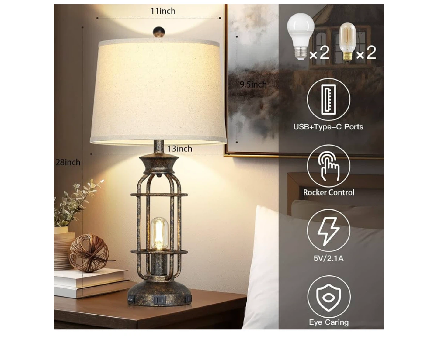 Industrial Farmhouse Style Table Lamps (Set of 2) with USB Ports - photo 4