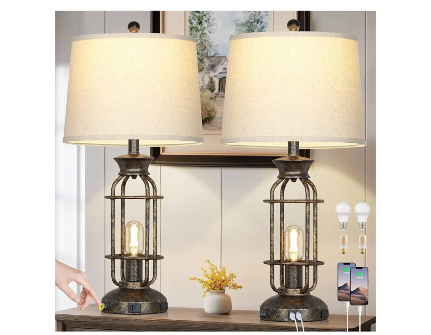 Industrial Farmhouse Style Table Lamps (Set of 2) with USB Ports