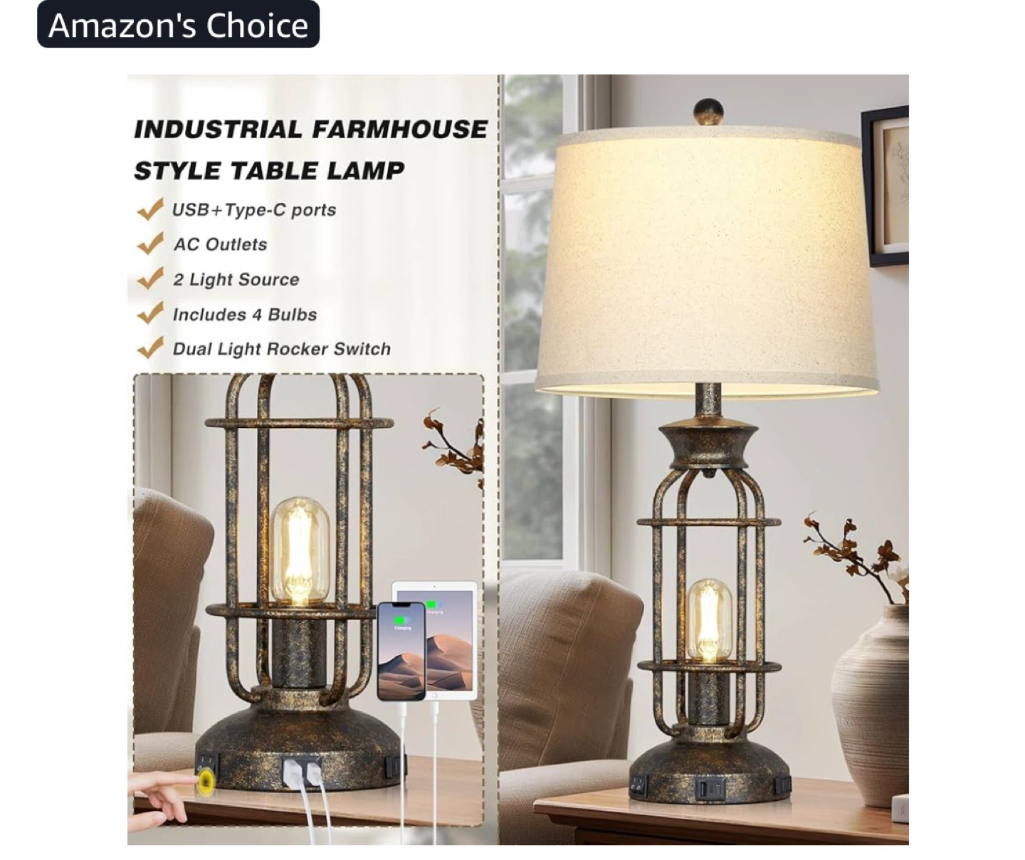 Industrial Farmhouse Style Table Lamps (Set of 2) with USB Ports - photo 3