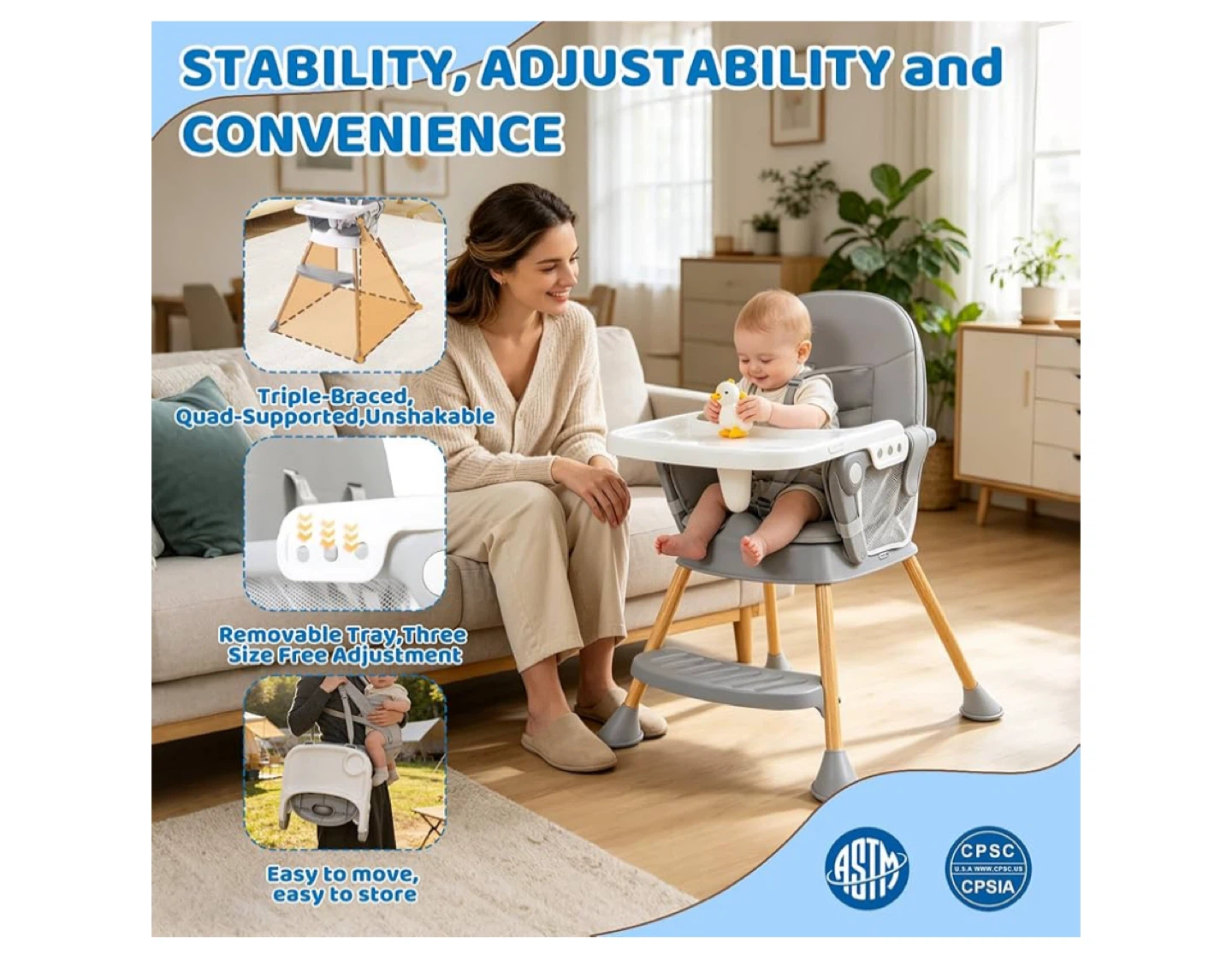 Adjustable Baby High Chair with Removable Tray and Bib - photo 3